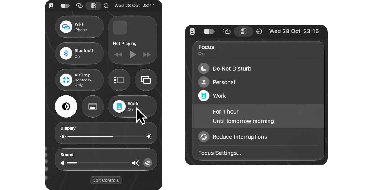 Menu bar selection of Focus Modes in macOS 27
